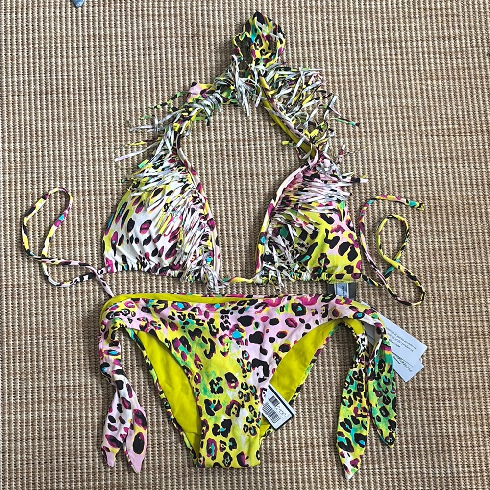 Blumarine Vibrant Leopard Print Bikini with Fringe